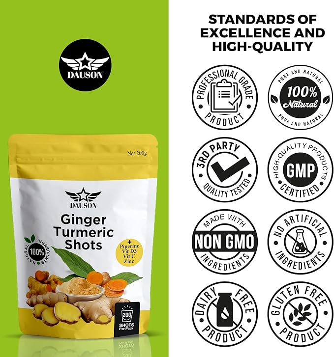 Ginger Turmeric Supplements with Piperine, Vitamin C, Vitamin D3 & Zinc | Turmeric Ginger Shots for Joint, Heart, Brain, Gut & Skin Health | 200 Servings | Ayurvedic | Powder