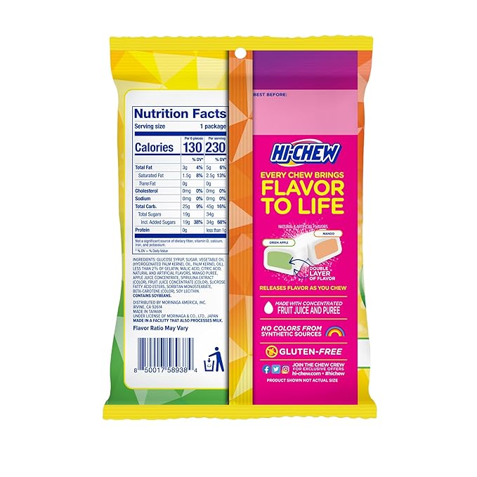 HI-CHEW Green Apple & Mango Mix, Pack of 8 Bags, 1.94oz each - Green Apple & Mango, Unique Fun Soft & Chewy Halloween Candy - Immensely Juicy Fruity Candy Flavors - Individually Wrapped for Sharing
