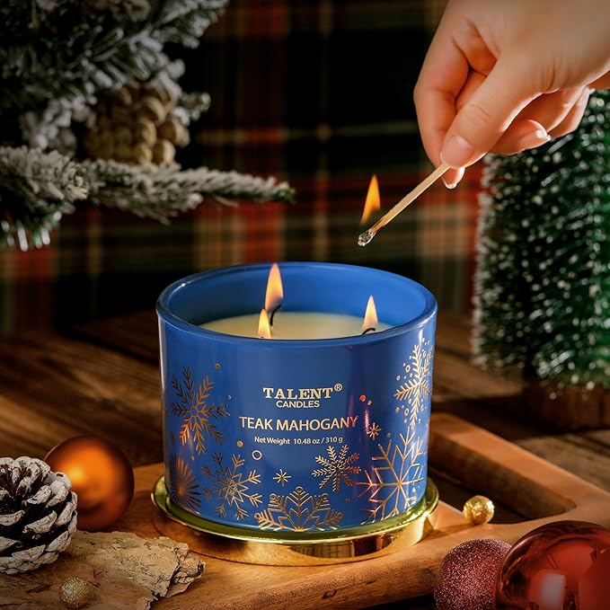 Christmas Candles, Large 3 Wick Jar Candles, Christmas Scented Candles Gifts for Women, Christmas Gift Ideas with Soy Wax Candles, Teak Mahogany