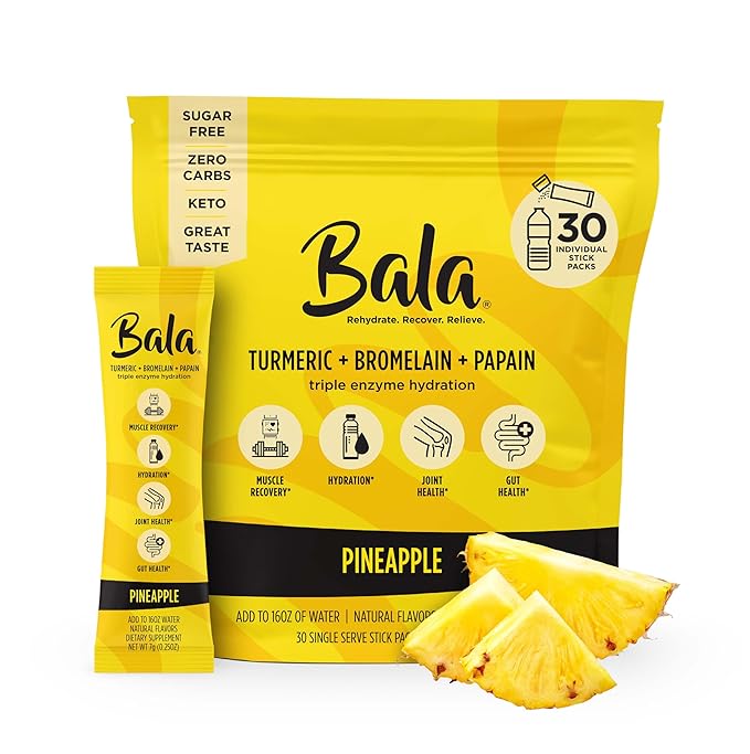 Bala Enzyme Hydration & Sugar-Free Drink Mix - Turmeric, Bromelain, Papain - Immunity, Mobility - Pineapple 0.25oz (30 Count)