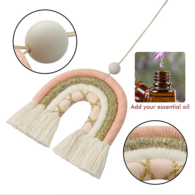 BOHO GARDEN Macrame Rainbow Charm - Essential Oil Diffuser for Cars, Baby Nursery, Children’s Bedroom & Home Decor - Colorful Decorative Hanging Air Freshener & Accessories - 3.5x4 - Rose Gold