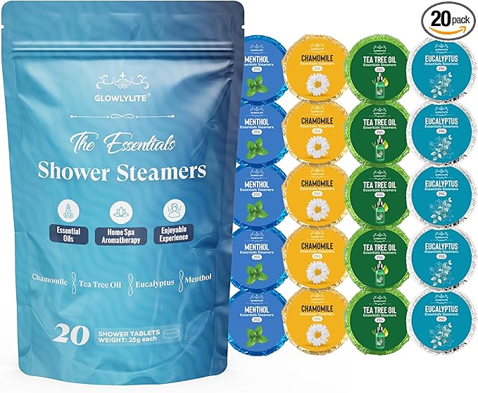 Shower Steamers Aromatherapy | 20 Pack Shower Steamers for Women & Men, Essential Oils for Stress Relief, Self Care, Gifts for Mom, Birthday, Stocking Stuffers & Christmas (Blue)