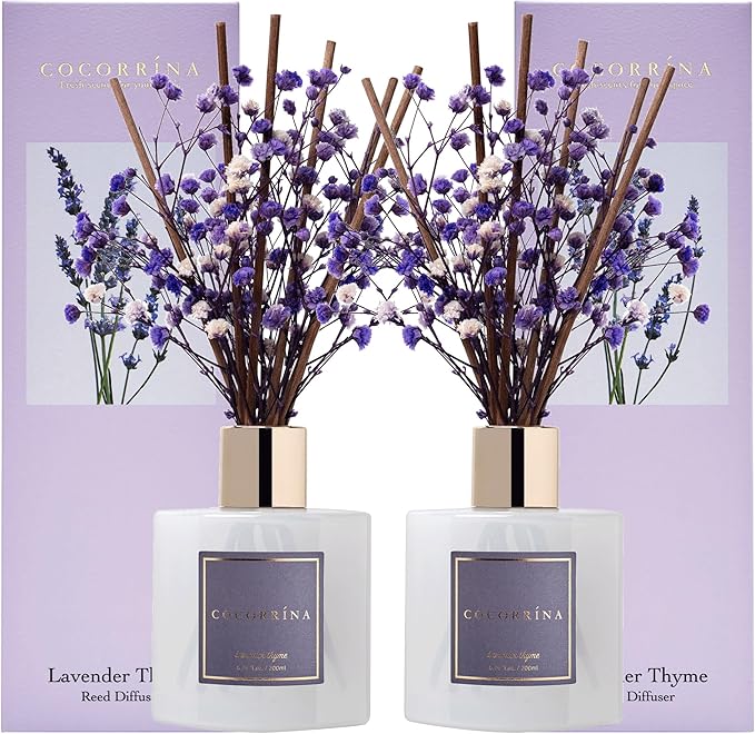 Cocorrína Premium Reed Diffuser Set with Preserved Baby's Breath & Cotton Stick Lavender Thyme 2 Packs, 6.7oz Scent Fragrance Oil Diffuser for Bedroom Bathroom Home Décor