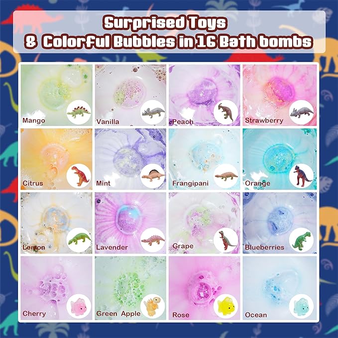 Bath Bombs for Kids with Surprise Inside, 16 Pack Kids Bath Bombs Gift Set for Easter Basket Stuffers, Dino Egg Bath Bomb Kit with 5pcs Dinosaur Bath Toy for Boys Girls Birthday,Christmas