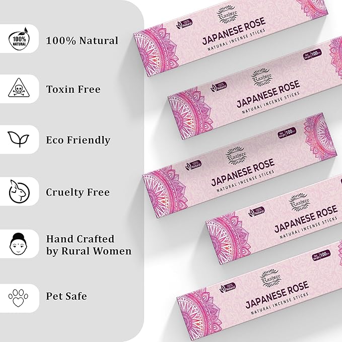 Raajsee Japanese Rose Incense Sticks (180 gm), 100% Pure Organic Natural Hand Rolled Free from Chemicals- Perfect for Aromatherapy, Cleansing, Meditation, and Church (Pack of 12)