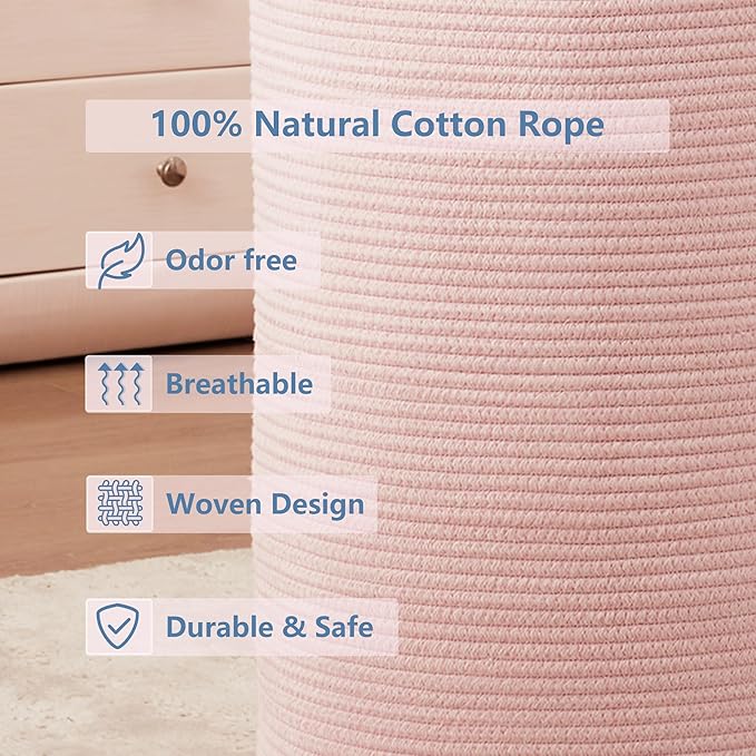 80L Extra Large Pink Hamper Laundry Basket for Baby Girls Tall Nursery Hamper for Kids Woven Rope Clothes Basket for Little Girls Room Bedroom Light Pink Kawaii Tall Laundry Bin