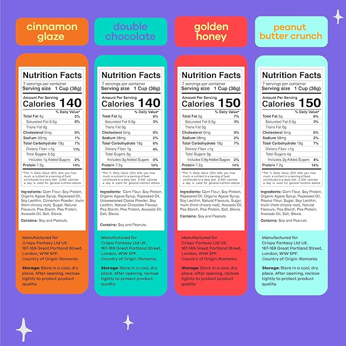 Crispy Fantasy High Protein Cereal, Variety Pack, Gluten Free, Vegan, Low Sugar, Protein Snacks, High Fibre, Plant Based, Just Add Milk, Healthy Breakfast for Kids & Adults, (4 Boxes x 9 Oz)