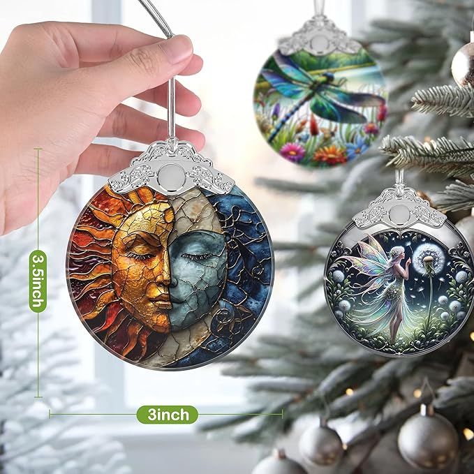 Christmas Ornament, 2025 Ornaments for Christmas Tree, Stained Glass Hanging Ornament, Holiday Ornaments, Unique Gift Idea - Sun and Moon Coexist