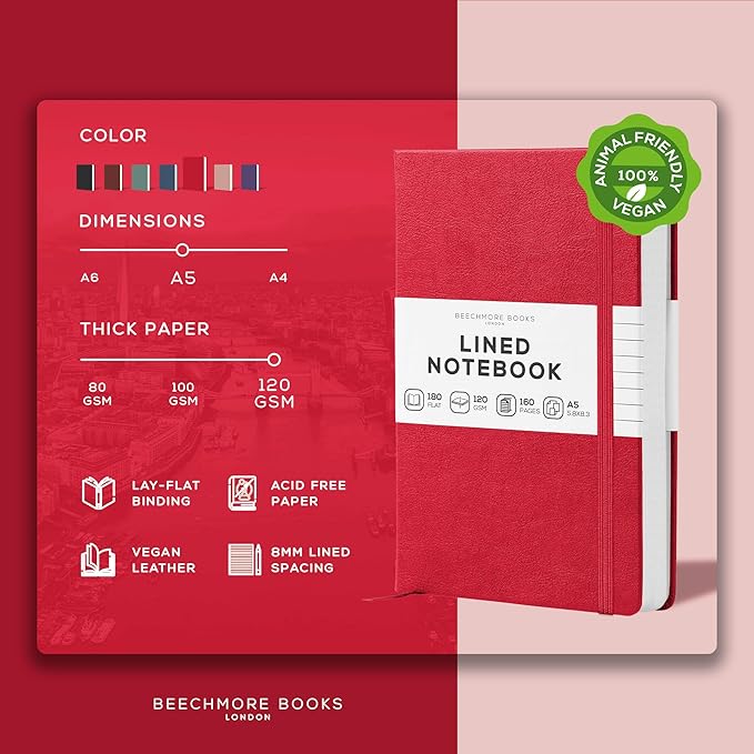BEECHMORE BOOKS Lined Journal Notebook, 5.8 x 8.3 inch, A5 160 Lined Pages, Hardcover Leather Journals for Women, Men, Writing and Notebooks for Work - 120 GSM Thick Paper, Gifts Box Included