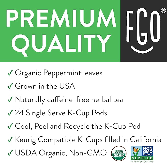 FGO Organic Peppermint Tea K-Cup Pods for Keurig, 24 Count (Pack of 1), Naturally Caffeine-Free Herbal Tea, USDA Organic, Non-GMO, & Recyclable