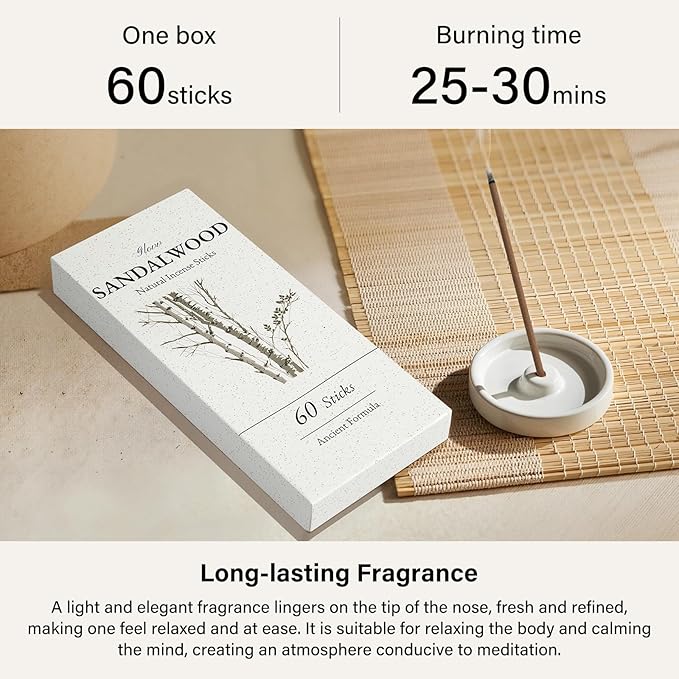 Sandalwood Incense Sticks 60 Pack, Natural Fragrance, Ideal Choice for Yoga, Meditation and Relaxation, Air Purifying Aromatherapy and Long-Lasting Burn