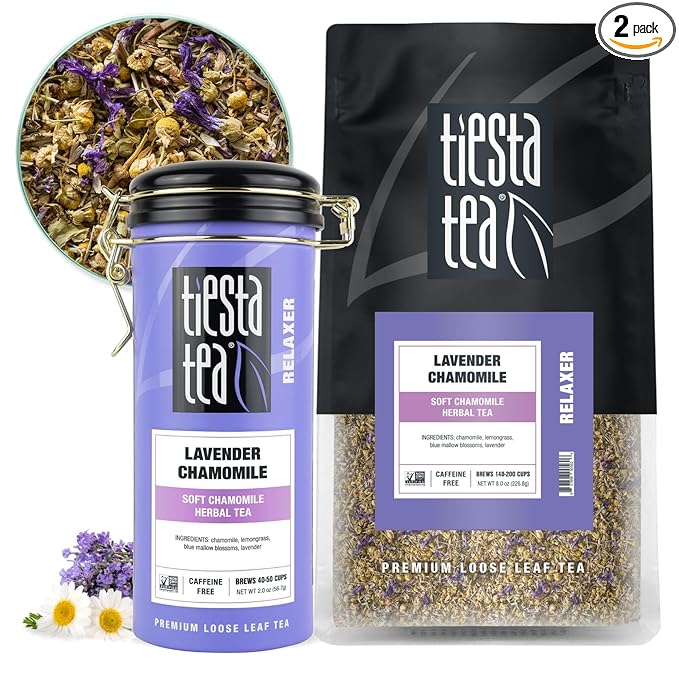 Tiesta Tea - Lavender Chamomile, Loose Leaf, Soft Chamomile Herbal Tea, Premium Non-Caffeinated Blend, Make Hot or Iced & Brews Up to 250 Cups, 8oz Bulk Pouch & 2oz Refillable Tin Combo