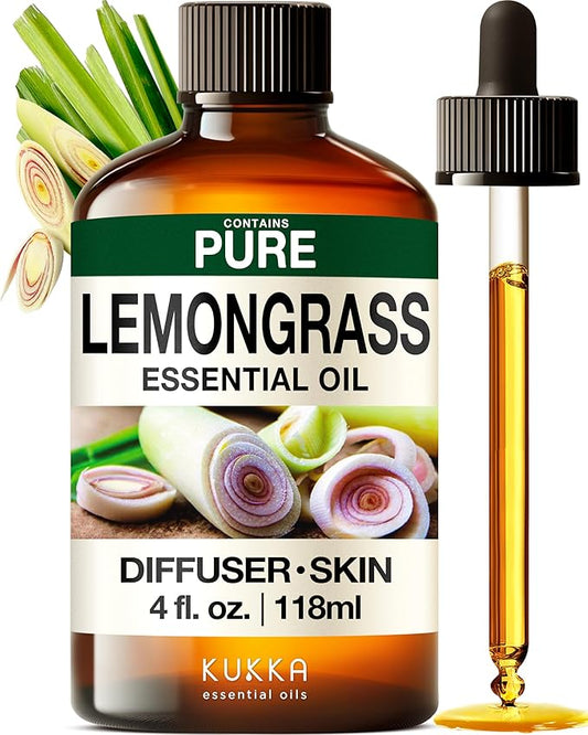 KUKKA Lemongrass Essential Oils - 4 Fl Oz - for Hair, Skin, Diffuser, Aromatherapy & DIY Soap Making Scent