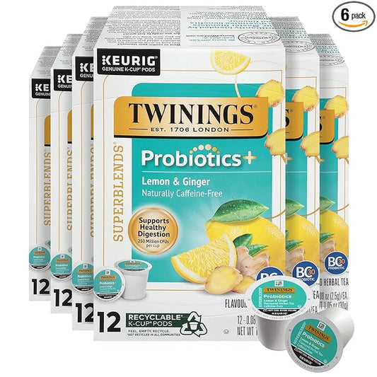 Twinings Probiotics+ Lemon & Ginger Herbal Tea 72 K-Cup Pods for Keurig, 12 Count (Pack of 6), Supports Digestive Health, Naturally Caffeine-Free, Enjoy Hot or Iced