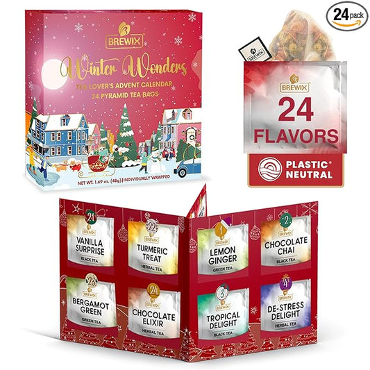 BREWIX, Tea Advent Calendar 2025 | 24 Pyramid Tea Bags - Luxury Gift Box | Selection of 24 Delightful Black/Green Teas and Infusions | Christmas Gift Idea for Men and Women