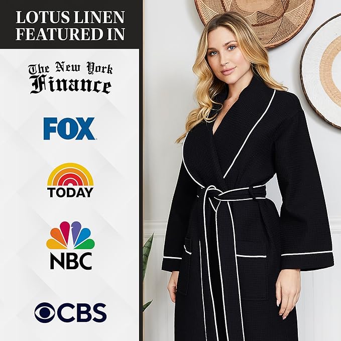 Lotus Linen Waffle Robes for Women - Lightweight Cotton Kimono Bathrobe - Long Soft Spa Bath Robe