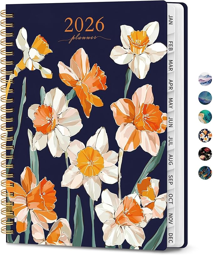 2026 Planner, Monthly and Weekly Calendar Planner for Women, January 2026 - December 2026, Hardcover Pretty 2026 Agenda Planner Book with Tabs, Spiral Bound, Perfect for School Office Home Supplies, 6.3" x 8.5" - Spring Daffodils