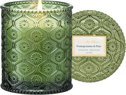 LA JOLIE MUSE Christmas Candles, Pine & Pomegranate Candle -Lemon, Pomegranate & Pine | 6 oz Natural Soy Wax | 40 Hours Clean Burn | Gift-Ready for Hosts, Gatherings | Elegant Home Décor