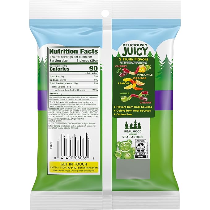 Black Forest Gummy Worms Candy, Made With Real Fruit Juice, 6 Ounce Bags (Pack of 8)