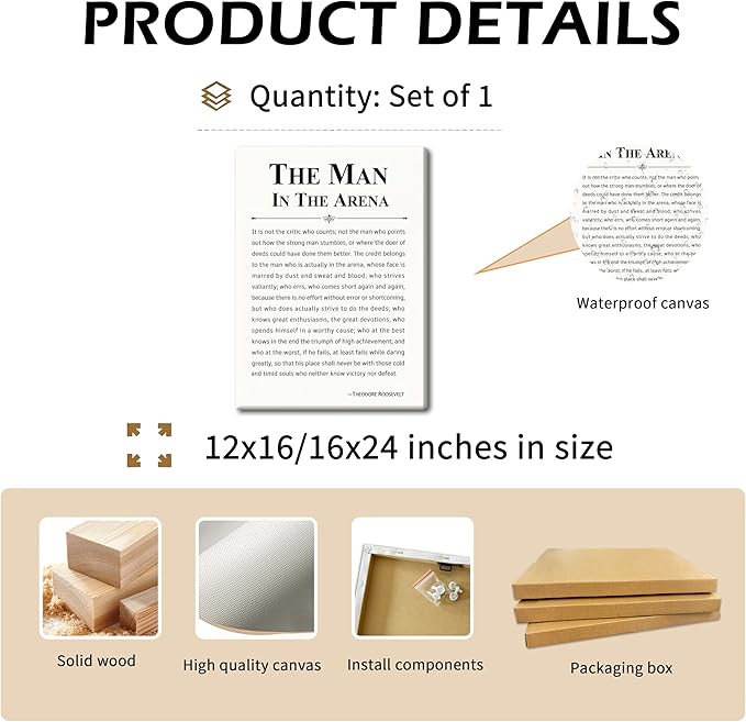 Framed Motivational Wall Decor for Men, The Man in The Arena Office Inspirational Wall Art, Positive Quotes Pictures, Spiritual Canvas Prints, Faith Based Gifts for Living Room, Bedroom 16x24 inch