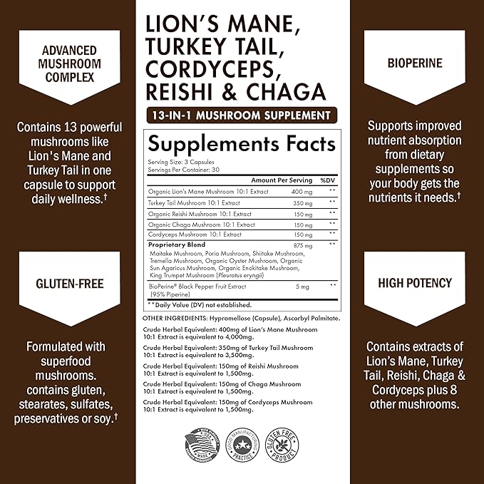 BioSchwartz 13-in-1 Mushroom Complex Capsules - Organic Mushroom Supplement with Lions Mane, Chaga, Reishi, Cordyceps - Supports Focus, Energy, Immune System - with BioPerine for Absorption, 90 Count