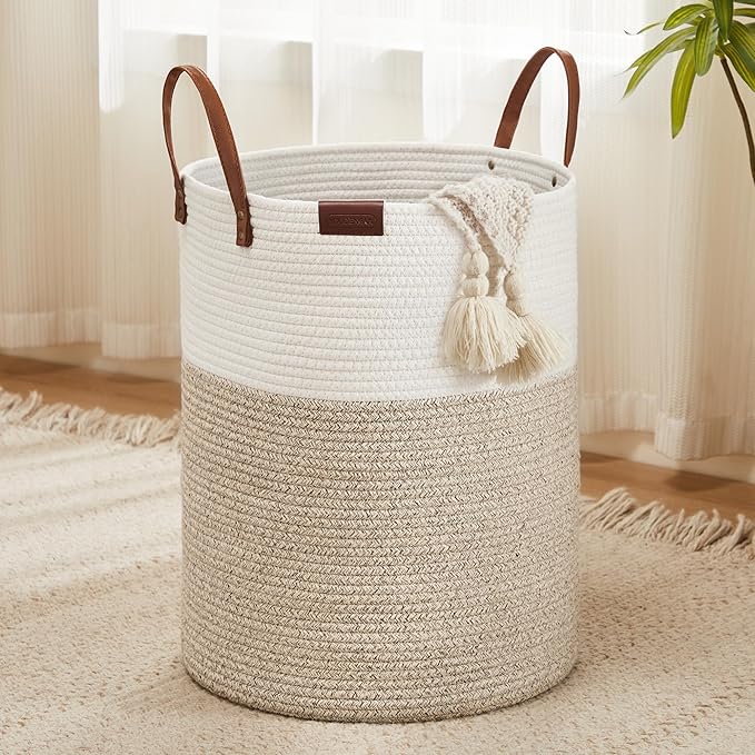 Cotton Rope Laundry Hamper by YOUDENOVA, 72L - Woven Collapsible Laundry Basket - Clothes Storage Basket for Blankets, Laundry Room Organizing, Bedroom Storage, Clothes Hamper – White & Brown