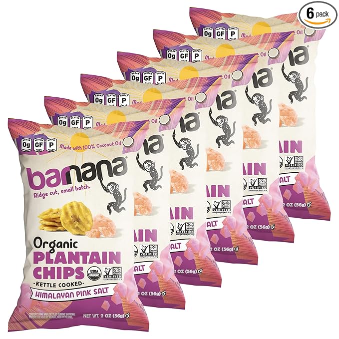 Barnana - Organic Plantain Chips, Himalayan Pink Salt, Healthy Snack Made With 100% Coconut Oil, Non-GMO, Potato Chip Alternative, Zero Sugar, Paleo, Grain-Free, USDA Organic, Vegan (2 oz, 6-Pack)