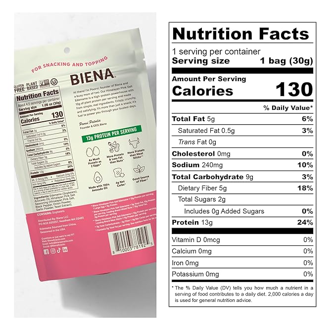 Biena Crispy Roasted Edamame Beans Snack – High Protein Snack for Adults & Kids, 12g-13g Protein per Serving - Made with Avocado Oil – Vegan, Low Carb, Gluten-Free – 3-Pack 4.75oz, Himalayan Pink Salt