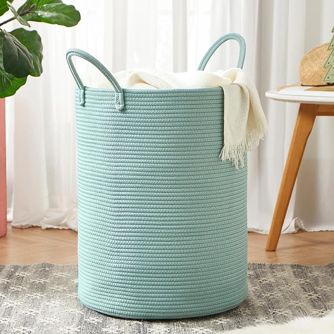 15Dx20H inches Tall Green Hamper Cotton Rope Laundry Basket Woven Hamper for Clothes Blanket Storage in Bedroom Livng Room for Baby Nursery Kids Toys Organize 60L Capacity