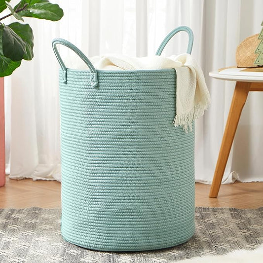15Dx20H inches Tall Green Hamper Cotton Rope Laundry Basket Woven Hamper for Clothes Blanket Storage in Bedroom Livng Room for Baby Nursery Kids Toys Organize 60L Capacity