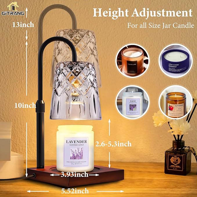 Candle Warming Lamp with Timer Dimmer, Adjustable Height Electric Wax Melt Warmer for Jar Candles with 3 Bulbs, Mother's Day Women's Home Decor Gift, Square Base with Black Pole