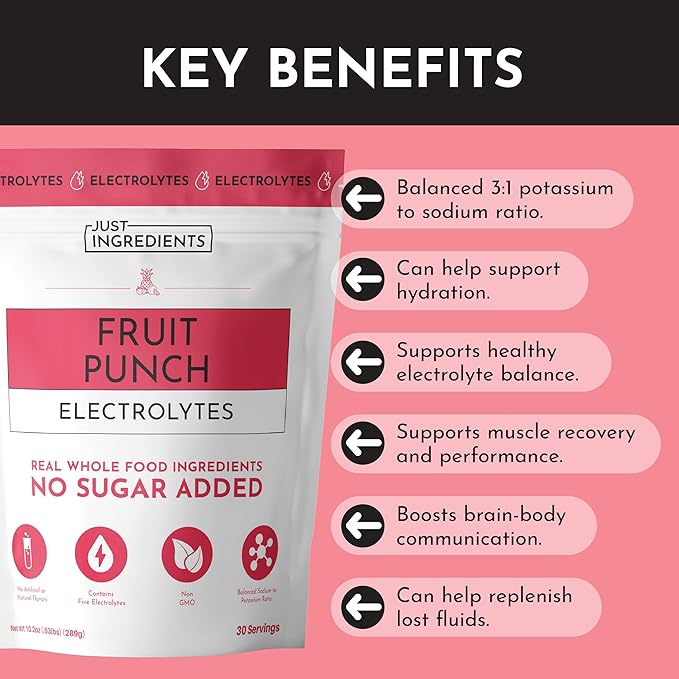 Fruit Punch Electrolytes – 30‑Serving Hydration Drink Mix with Coconut Water, Sea Salt, and Trace Minerals – Supports Hydration, Recovery, and Electrolyte Balance*