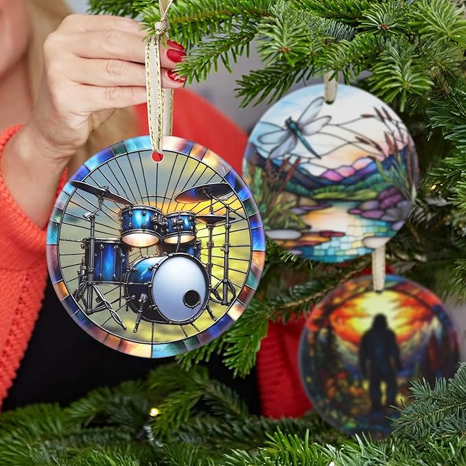Christmas Ornament - Drum Set Decor Round Ceramic Hanging Ornament - Christmas Tree Decor - Gifts for Drum Players - Themed Ornaments
