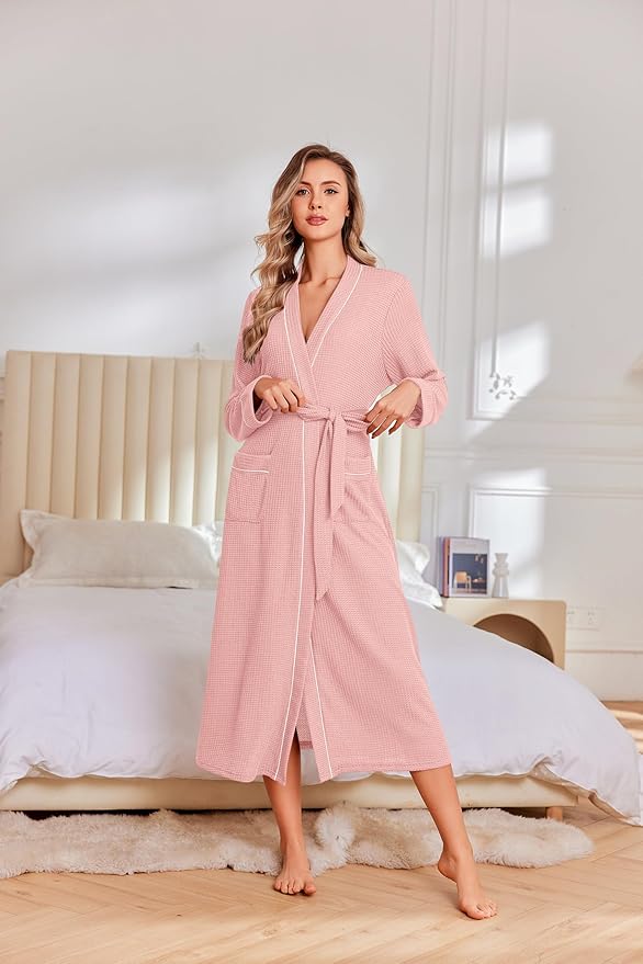 Ekouaer Robes for Women Lightweight Knit Waffle Bathrobe Full Length Kimono Casual Ladies Loungewear