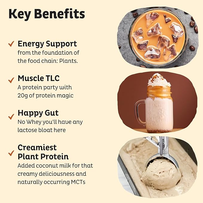 KOS Vegan Protein Powder, Salted Caramel Coffee - Low Carb Pea Protein Blend, Organic Plant Superfood Rich in Vitamins & Minerals - Keto, Dairy Free - Meal Replacement for Women & Men - 15 Servings