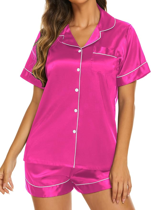 Ekouaer Silk Pajamas for Women Short Sleeve Sleepwear Soft Button Down Loungewear 2 Piece Satin Pjs Shorts Set S-XXL