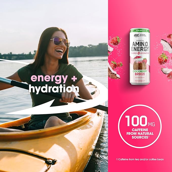 Optimum Nutrition Amino Energy Sparkling Hydration Drink, Electrolytes, Caffeine, Amino Acids, BCAAs, Sugar Free, Cocoberry Breeze, 12 Fl Oz, 12 Pack (Packaging May Vary)
