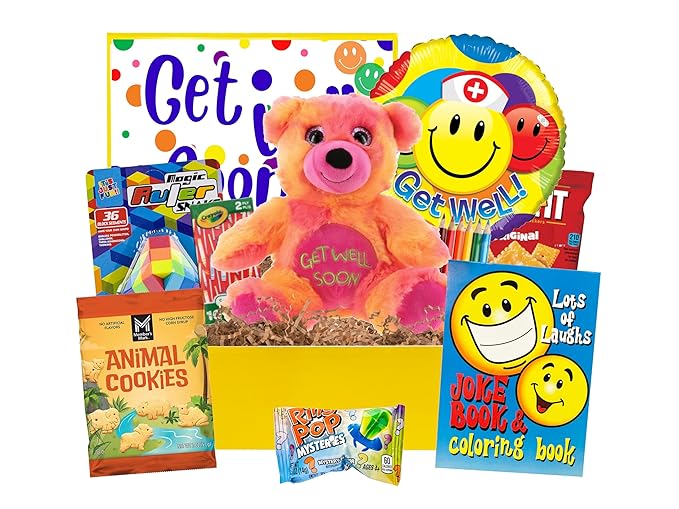 Kids Get Well Gift Basket – Care Box with Plush Bear, Balloon, Snacks & Activity Books (Kids Get Well Cheer: Pink Bear)