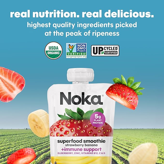 Noka Organic Superfood Fruit Smoothie Pouches, Strawberry Banana with Immune Support, Healthy Snacks with Elderberry, Vitamin C, Flax Seed and Plant Protein, Gluten Free, Vegan, 4.22 oz (12 Pack)