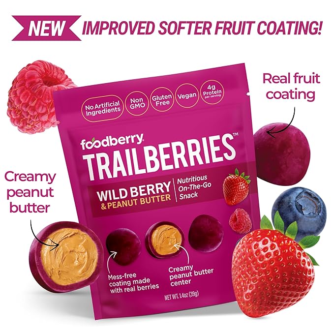 Foodberry Peanut Butter Trailberries, Nutritious Snack, Delicious Bites of Creamy Peanut Butter Coated in Real Fruit (Like Softer Fruit Leather), 4g Protein, 4g Fiber, Pack of 6