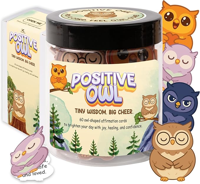 Positive Owl Jar, 60 Positive Affirmation Cards, Owls Relaxation Gifts, Coworker Gifts for Women, Great Gift for Boss, Teacher, Friends