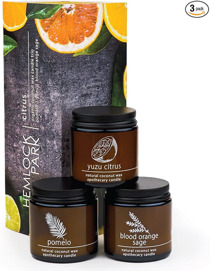 Hemlock Park Apothecary Wood Wick Candle Trio | Gift Set of Three 4 oz Candles Handcrafted with Natural Coconut Wax (Citrus | Pomelo, Yuzu Citrus, Blood Orange Sage)