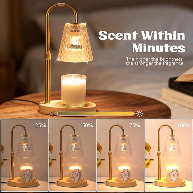 Candle Warmer Lamp with Timer: Electric Candles Warmers Adjustable Height Dimmable - Large Wax Candle Warmers Lamps Scented Flower Light - Home Decor Vintage Wood Base Shade Heat Modern Style Gold