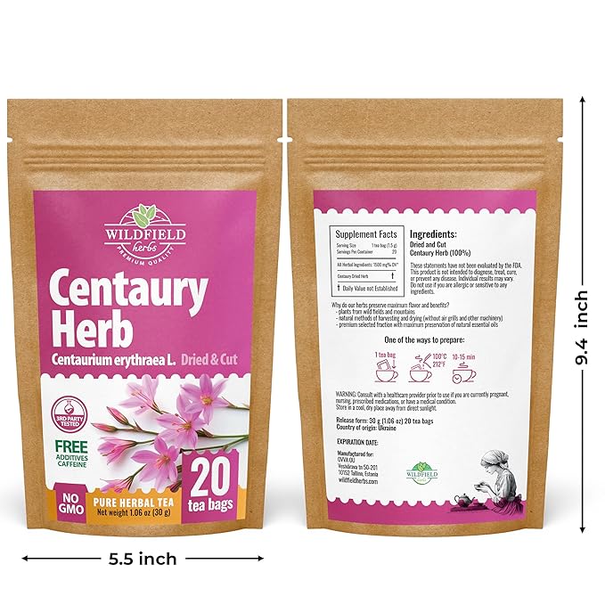 20 Bags Dried Centaury Herb Tea (Centaurii Herba) - 20 Count Centaurium Erythraea Herbal Tea