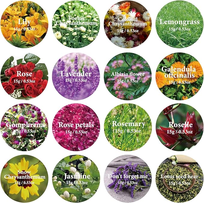 15g/Bag Dried Flowers,100% Natural Dried Flowers Herbs Kit for Soap Making, DIY Candle Making,Bath - Include Rose Petals,Lavender,Don't Forget Me,Lilium,Jasmine,Rosebudsand More(16 Bags)