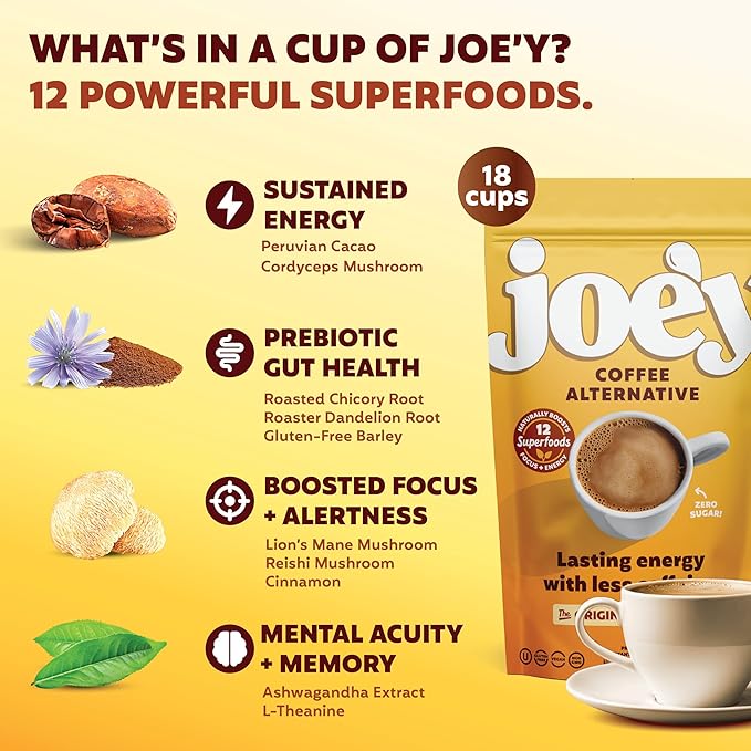 Joe'y Mushroom Coffee Alternative with Cacao and Dandelion Root, Chicory Coffee Substitute with Adaptogenic Superfoods, Vegan Gluten-Free Drink for Focus and Clean Energy without Jitters, 18 Servings