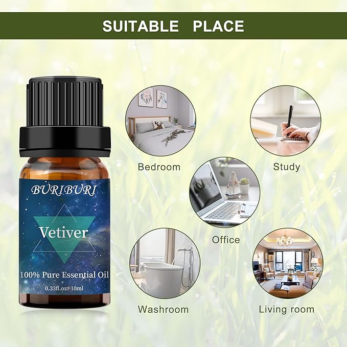 BURIBURI Vetiver Essential Oil Organic for Diffuser, Skin, Candle Soap Perfume Making - 100% Pure, Undiluted, Natural, Aromatherapy Vetiver Oils 10ML