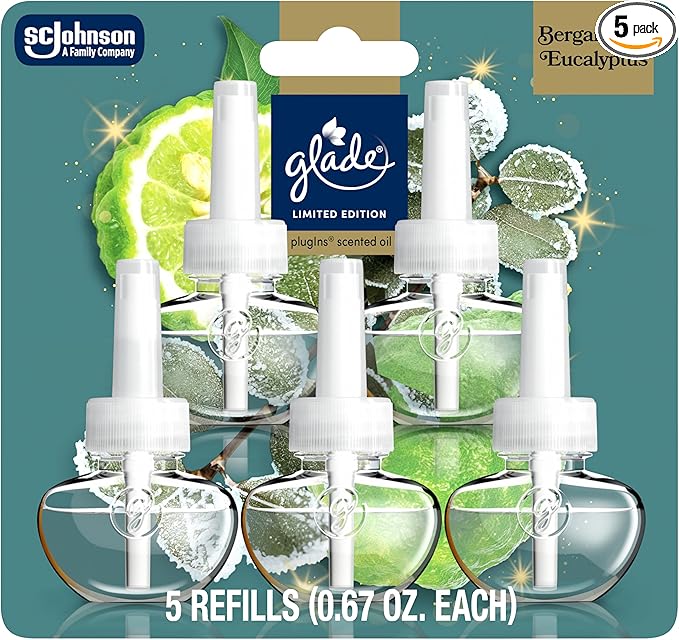 Glade PlugIns Refills Air Freshener, Bergamot & Eucalyptus, Scented and Essential Oils for Home and Bathroom, 0.67 Fl Oz, 5 Count