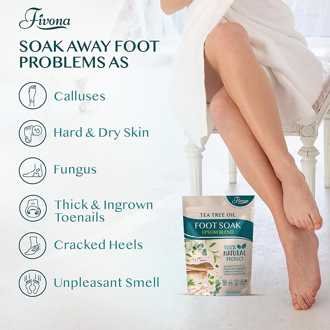 Fivona Tea Tree Foot Soak Blend 14.1 oz - Epsom Salt with Essential Oils for Healthy Toenails, Soothing Relief, Callus Softening - Pedicure Therapy for Soft, Rejuvenated Feet