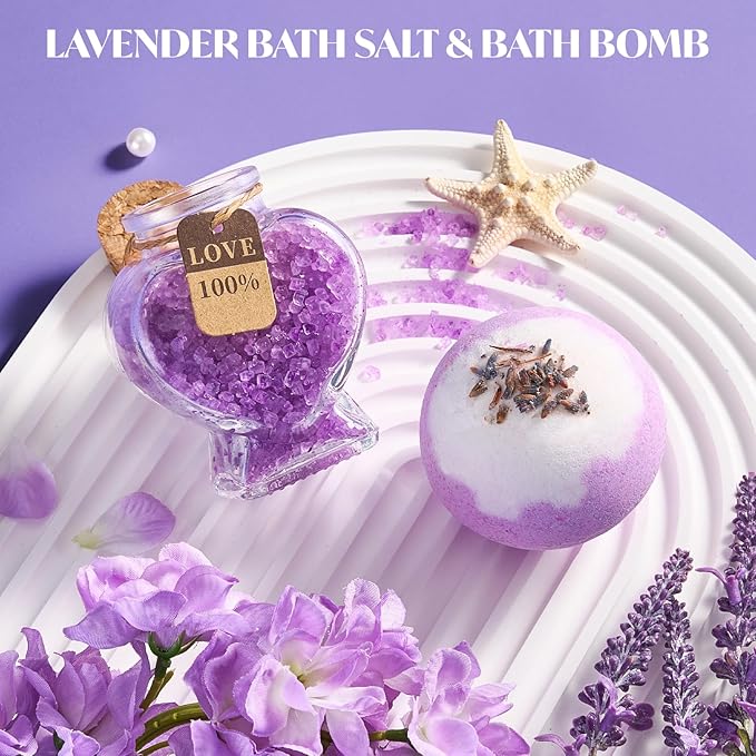 Briney 14Pcs Birthday Gifts for Women, Care Package for Women, Gift Basket, Unique Relaxing Lavender Themed Present for Mom Wife Sister Best Friend, Purple